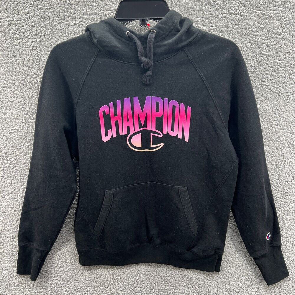 Champion Womens Black Pullover Hoodie Pink Logo Sweat shirt Long Sleeve Medium